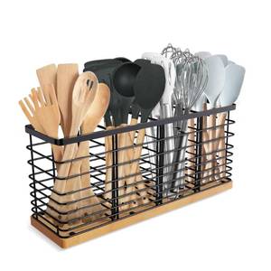 lot 60407 image: Suli Extra Large Kitchen Utensil Holder with 4 CompartmentsMatte Black Metal holder with Wooden Base for Kitchen CountertopFarmhouse Cooking Utensil Storage, Rustic Cooking Utensil