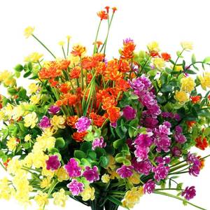 lot 60417 image: 12 Bundles Artificial Flowers Outdoor, UV Resistant Faux Artificial Plants Shrubs Plastic Flower Bulk for Hanging Planter Porch Window Home Wedding Fall Summer Decor (Yellow, Orange, Fuchsia)