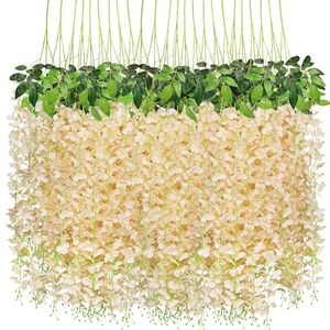 lot 60422 image: CEWOR 24pcs Wisteria Hanging Flowers 3.7 Ft Artificial Vine Fake Garland Silk String for Wedding Party Garden Outdoor Greenery Home Wall Decoration (Champagne)