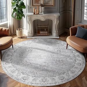 lot 60426 image: jinchan Round Rug 8ft Area Rug - Grey Vintage Floor Mat Kitchen Indoor Thin Rug Floral Print - Washable Circle Rug 8 Round Gray Retro Accent Rug Farmhouse Non Slip Dining Room Living Room Bedroom - Retail $136.01