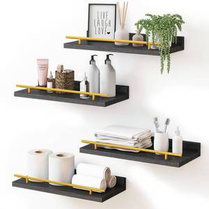 lot 60427 image: Fixwal Floating Shelves, Bathroom Wall Decor, Set of 4, Black Gold, Rustic Farmhouse Wood, Bathroom Wall Shelves