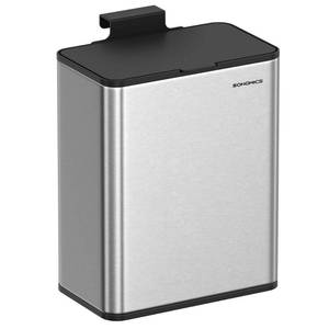 lot 60449 image: SONGMICS Hanging Trash Can, 2.1-Gallon Kitchen Garbage Can with Lid, Cabinet Door Hanging or Wall-Mounted with Hooks, for Under Sink, Bathrooms, Metallic Silver ULTB810E08