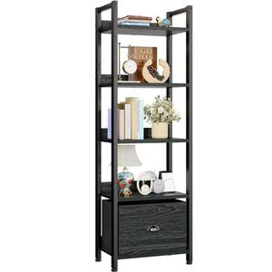 lot 60450 image: Furologee 5 Tier Bookshelf with Drawer, Kitchen Bakers Rack with Storage, Tall Narrow Bookcase, Industrial Free Standing Display Shelf, Wood and Metal Book Shelf for Bedroom, Living Room, Black