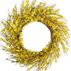 lot 60485 image: Bibelot 18inch Artificial Forsythia Flower Wreath, All Year Around Wreath for Front Door, Wedding Window Home Wall Indoor Front Door Decor (Yellow, 18in)
