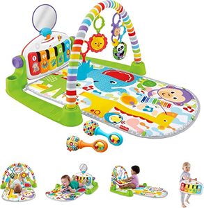 lot 60514 image: Fisher-Price Baby Playmat Deluxe Kick & Play Piano Gym & Maracas with Smart Stages Learning Content, 5 Linkable Toys & 2 Soft Rattles
