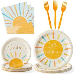 lot 60528 image: G1ngtar 96Pcs Retro Boho Sun Sunshine Party Plates Supplies Here Comes The Son Party Tableware Decorations Disposable Paper Plates Napkins Forks for Kids Birthday Baby Shower, Serves 24 Guests