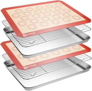 lot 60556 image: Stainless Steel Baking Sheet Tray Cooling Rack with Silicone Baking Mat Set, Cookie Pan , Set of 6 (2 Sheets  2 Racks  2 Mats), Non Toxic, Heavy Duty & Easy Clean