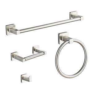 lot 60560 image: Brushed Nickel Bathroom Hardware Set 4 Pieces,Towel Bar Set Stainless Steel Wall Mounted, Includes 16In Hand Towel Bar, Towel Ring, Robe Towel Hooks,Toilet Paper Holder, Bathroom Towel Rack Set�