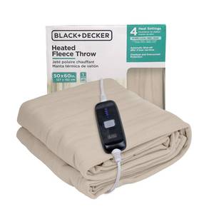 lot 60561 image: BLACKDECKER Heated Throw Blanket, 50 x 60, Fleece, 4 Heat Settings, 3 Hour Automatic Shut-Off, Machine Washable, Fast Heating, Overheat and Overcurrent Auto Shut Off, Soft, Warm, ETL, Cream