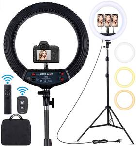 lot 60608 image: 18 inch LED Ring Light with Tripod Stand Dimmable Makeup Selfie Ring Light for Studio Portrait YouTube Vlog Video Shooting with Carrying Bag and Remote Controller, CRI 90 - Retail $89.98