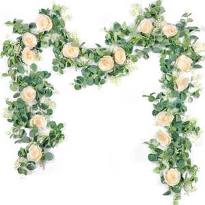 lot 60615 image: Der Rose 2 Pcs 13Ft Artificial Eucalyptus Flower Garland with Fake Rose Flower Vine Seeded Eucalyptus Leaves Greenery Garland for Wedding Table Backdrop Party Centerpiece Room Decor (Champagne)