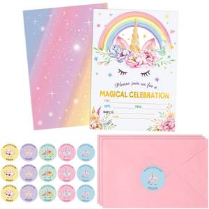 lot 60620 image: 24 Pack Unicorn Birthday Invitation Unicorn Party Invitation Unicorn Invitation Card, 30 Rainbow Unicorn Sticker Labels, 24 Envelope Unicorn Party Supplies for Birthday (Flower Unicorn Style)