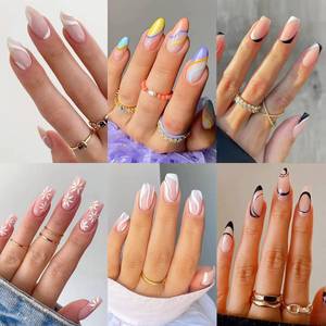lot 60629 image: 6 Packs (144 Pcs) Press on Nails Medium Design, Misssix Fake Nails Almond and Square Glue on Nails Set with Adhesive Tabs Nail File for Women