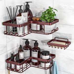 lot 60646 image: YASONIC Corner Shower Caddy, 3-Pack Adhesive Shower Caddy with Soap Holder and 12 Hooks, Rustproof Stainless Steel, No Drilling Wall Mounted Rack Organizer, for Bathroom, Bronze