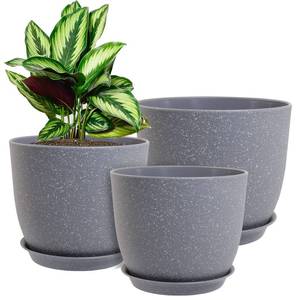 lot 60647 image: WOUSIWER Plant Pots 1098 inch, Set of 3 Modern Decorative Plastic Planters with Drainage Holes and Saucers for House Plants Indoor Flowers Plants, Grey Speckles