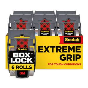 lot 60651 image: Scotch Box Lock Packing Tape, Clear, Extreme Grip Box Packaging Tape for Shipping and Mailing, 1.88 in. x 22.2 yd., 6 Tape Rolls with Dispensers