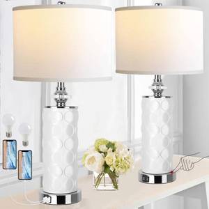 lot 60655 image: QiMH Modern Ceramic Tall Table Lamps for Bedroom, Living Room Set of 2, 3-Way Dimmable Touch Control Bedsides Lamps with Dual USB Ports, for Nightstand, 27�� White - Retail $85.19