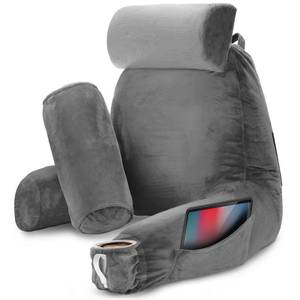 lot 60658 image: Nestl Reading Pillow Large Bed Pillow, Back Pillow for Sitting in Bed Shredded Memory Foam Chair Pillow, Reading & Bed Rest Pillows Grey Back Pillow for Bed, Bed Chair Arm Pillow with Pockets