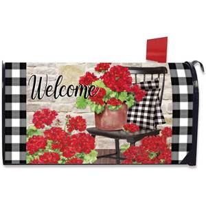 lot 60668 image: FBCOO Welcome Spring Geranium Flower Mailbox Cover Magnetic Standard Size 21 x 19, Red Floral Buffalo Plaid Check Post Letter Box Wrap Decor Summer Farmhouse Garden Yard Outdoor Decoration