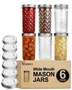 lot 60703 image: VERONES Wide Mouth Mason Jars 22 oz, 22 OZ Mason Jars Canning Jars Jelly Jars With Wide Mouth Lids, Ideal for Jam, Honey, Wedding Favors, Shower Favors, 6 PACK,EXTRA 6 Lids with Straw Hole