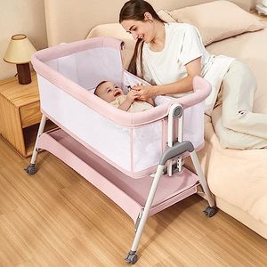 lot 60710 image: ANGELBLISS Baby Bassinet Bedside Sleeper, Easy Folding Portable Bassinet for Baby Girl with Wheels, Adjustable Height, Included Mattress (Pink) - Retail $166.22