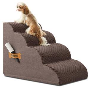lot 60751 image: Dog Stairs, Romrol Dog Steps Ramp for High Bed and Couch, Dog Ramp with Durable Non-Slip Waterproof Fabric Cover, Pet Stairs for Small Dogs and Cats or Pets Joints, 4-Tiers,Coffee