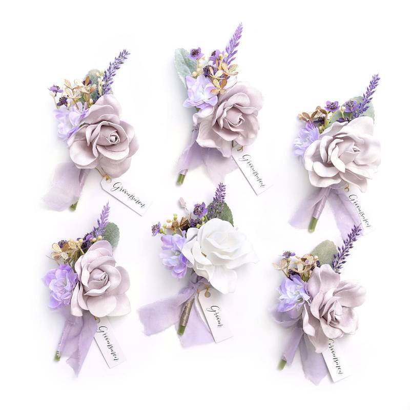 lot 48850 image: Lings Moment Purple Boutonniere for Men Wedding(Set of 6), Lilac Lavender Groom Groomsmen Boutonniere with Pins for Wedding,Prom,Homecoming, etc.