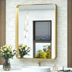 lot 7649 image: TokeShimi 28x36 Inch Gold Bathroom Mirror for Wall Metal Rounded Corner Rectangle Mirror Metal Frame Deep Set Design Hangs Horizontal Or Vertical