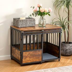 lot 7664 image: KOOPRO 32 Inch Dog Crate Furniture with Cushion for Large Medium Dogs, Wooden Heavy Duty Dog Kennel with Double Doors, Decorative Pet House Dog Cage Side End Table Indoor, Sliding Door Chew-Resistant