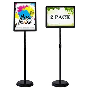 lot 7667 image: HUAZI Sign Holder Pedestal Sign Stand 8.5x11 inches with Base for Floor Vertical & Horizontal View Displayed,Snap-Open Frame with Safety Corner Outdoor,2 Pack