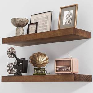 lot 7680 image: Axeman Floating Shelves, 2 Pack 8 Inch Deep Rustic Solid Wood Wall Shelves for Storage, Wall Mounted Display Shelving with Invisible Heavy-Duty Metal Bracket, 24 W x 8 D x 1.6 H, Walnut