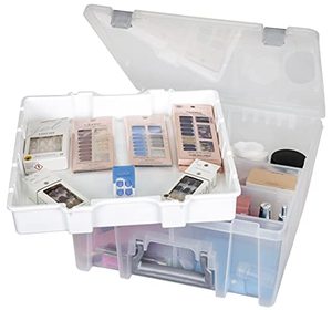 lot 7706 image: AB Designs 6899ABD Super Satchel Double Deep with Lift-Out Tray and Removable Dividers, Stackable Home Storage Organization Container, Clear with Sliver Latches and Handle