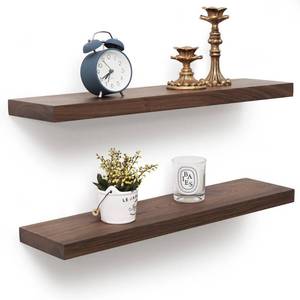 lot 7738 image: Axeman 24 Inch Walnut Wood Floating Shelves, Solid Wooden Wall Mounted Shelves with Lip Set of 2, Natural Wood Shelves with Groove for Home Decor, Living Room, Bedroom Kitchen