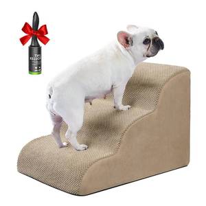 lot 7739 image: Ryoizen Dog Stairs Ramp for Bed and Couch Pet Stairs for Small Dogs, Extra Wide Dog Steps with Sturdy High-Density Foam, Pet Steps with Non-Slip Bottom for Puppy, Gifts Lint Roller, Tan