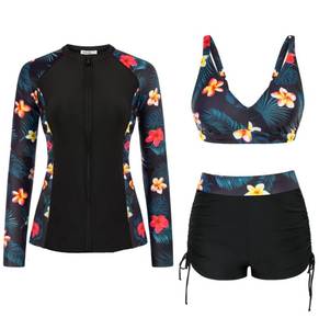 lot 15302 image: 3 Piece Bathing Suit for Women Tummy Control Rash Guard Swim Shirt UV UPF 50 Long Sleeve Built in Bra Swimwear Black Plus Size XXL