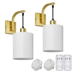 lot 15310 image: SURAIELEC Battery Operated Wall Sconce Set of 2, Gold Sconces Wall Lighting with Remote Control, 3 Color Temperatures, Dimmable Cordless Wall Lamp for Fireplace, Mirror, White Linen Shade