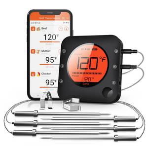 lot 15327 image: BFOUR Bluetooth Meat Thermometer Wireless Meat Thermometer, Wireless Digital Grill Thermometer with 6 Temperature Probes, Large LCD Display, Bluetooth Thermometer for Grill, Smoker, Oven and BBQ