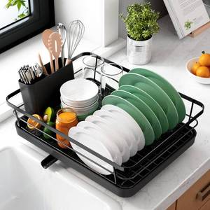 lot 15342 image: Kitsure Dish Drying Rack- Space-Saving Dish Rack, Dish Racks for Kitchen Counter, Stainless Steel Kitchen Drying Rack with a Cutlery Holder,12W x 15L, Black