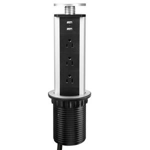 lot 15349 image: Kungfuking Pop Up Outlet Socket Recessed Retractable Power Strip Charging Station with 3 US Plug and 2 USB Ports for Kitchen Counter Island Conference Office, Black