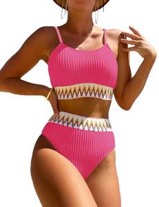 lot 15372 image: Zuvebamyo Womens High Waisted Swimsuit Two Piece Ribbed Bikini Sets Crop Top High Cut Cheeky Bathing Suits Rose M