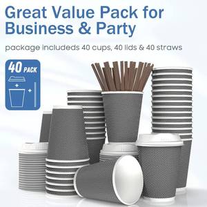 lot 15407 image: (APPEARS NEW) MRcup 40 Packs 12oz Insulated Triple Wall Disposable Coffee Cups with Lids and Straws, Leakfree Anti-slip Togo Paper Coffee Cups, Black and White