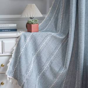 lot 15408 image: ColorBird Farmhouse Blue Linen Curtains for Living Room, 84 inch Length Boho Striped Room Darkening Drapes, 2 Panels Sets Embroidered Window Curtain for Dining Bedroom Nursery Doorways