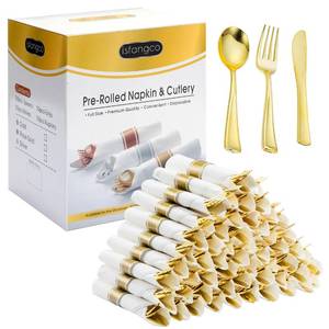 lot 15420 image: (APPEARS NEW) ISFANGCO 50 Pack Pre Rolled Gold Plastic Silverware Set,Wrapped Disposable Cutlery with 50 Forks, 50 Knives, 50 Spoons and 50 Napkins,Gold Utensils Set for Graduation Party, Wedding