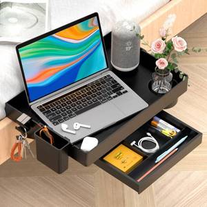 lot 15424 image: (APPEARS NEW) Ronlap Folding Bedside Shelf, Bunk Bed Shelf Organizer for Top Bunk Clip On Nightstand Plastic Bedside Shelf Tray for Kids with Cup Holder Hooks Hanging Cup, Plus Size with Drawer, Black
