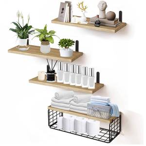 lot 15441 image: (APPEARS NEW) 4 Tier Bathroom Wall Shelf, Floating Shelves with Wire Storage Basket, Rustic Wood Wall Shelf, Bathroom Shelves Over Toilet Paper Holder Storage Shelves for Bedroom, Living Room, Kitchen