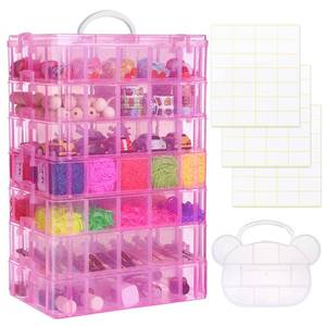 lot 15500 image: QUEFE 7-Tier Pink Stackable Storage Container, 70 Adjustable Compartments Craft Organizers and Storage Box with Handle for Kids Toys, Art Crafts, Jewelry, Supplies, Fuse Beads, Washi Tapes(1 CONTAINER BROKEN DIVIDERS)(1 CHIPPED CONTAINER)