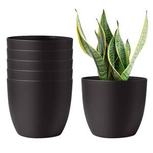 lot 15510 image: T4U 7 Inch Self Watering Planters Plastic Plant Pot, Modern Decorative Flower PotWindow Box for All House Plants, Flowers, Herbs, African Violets, Succulents - Black, Set of 6
