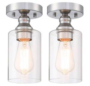 lot 15519 image: WISBEAM Semi Flush Mount Ceiling Light Fixture, 2 Packs Small Brushed Nickel Ceiling Light E26 Medium Base, Metal Housing with Clear Glass, ETL Rated, Bulbs NOT Included