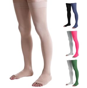 lot 15537 image: Doc Miller Thigh High Open Toe Compression Stockings 20-30mmHg for Varicose Veins, Pregnancy Support Open Toe Thigh High Compression Socks for Women and Men - 1 Pair Beige XX-Large