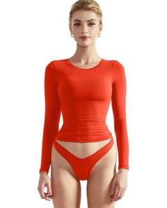 lot 15551 image: SUUKSESS Women Double Lined Fitted Basic Tee Shirts Crew Neck Long Sleeve Going Out Crop Tops (Dream Red, L)